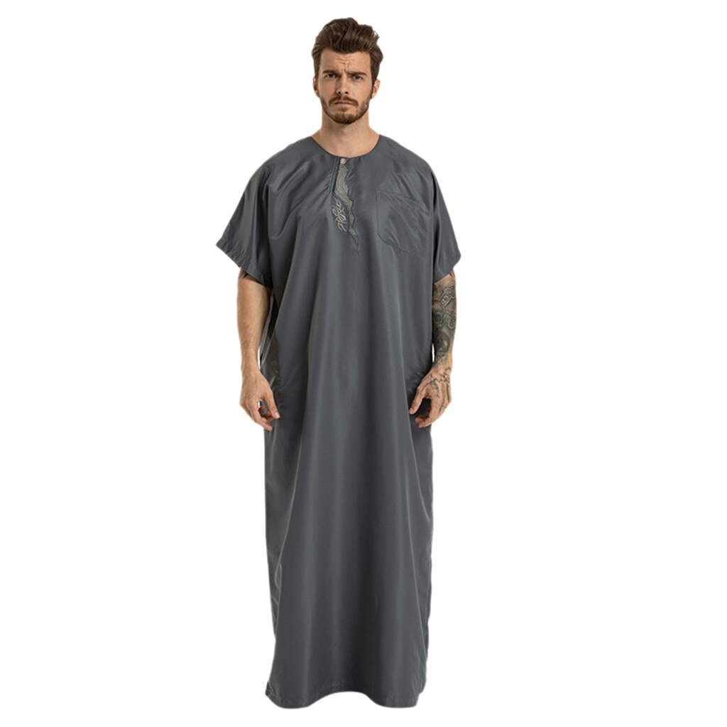 Arabische Moslemische Kleidung Männer Jubah Thobe Ethnische Roben Kurzarm Islamischen Pakistan Nahen Osten max Kleid Kaftan Saudi-arabien Männer: Grau / S