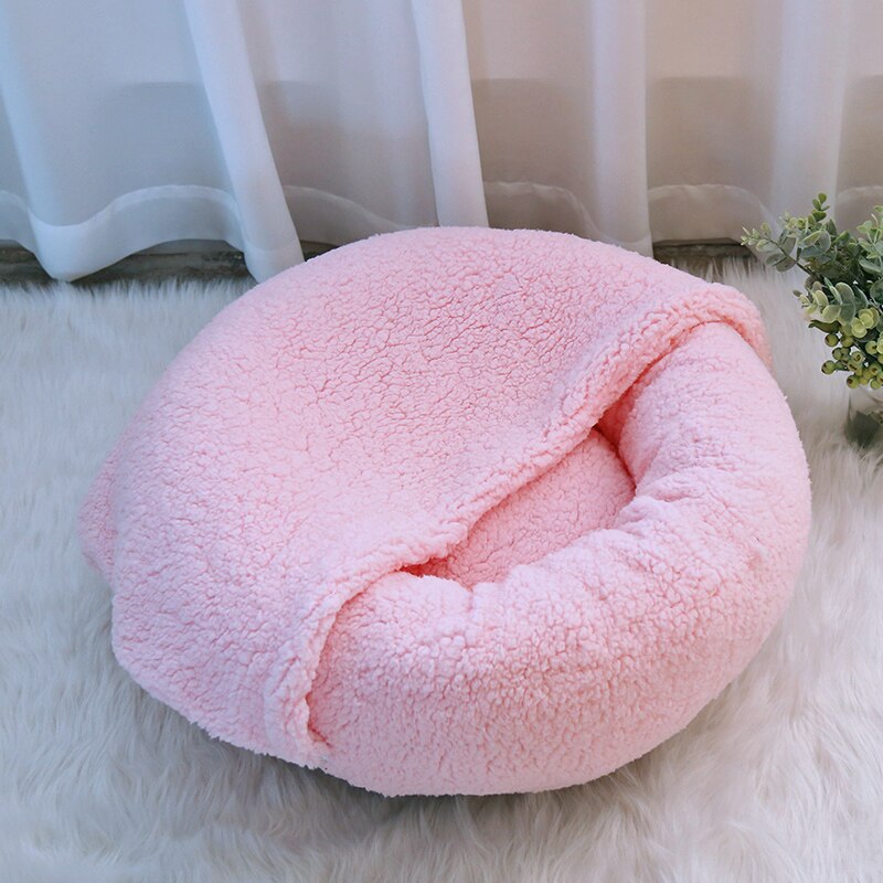 Lyxig hundsäng för katter eller små medelstora hundar rund munk hundsäng supermjuka varma sherpa hundsäng med filt avtagbart lock: Rosa med filt / 55 x 23cm