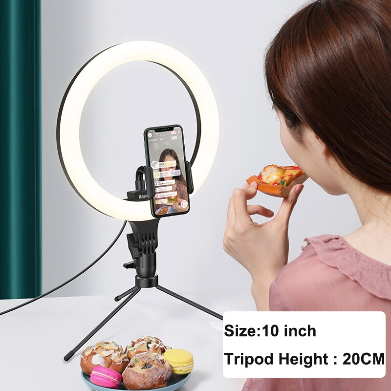 Baseus pode ser escurecido led selfie anel luz & tripé usb selfie luz anel lâmpada grande fotografia ringlight & suporte para celular suporte: 10 inch