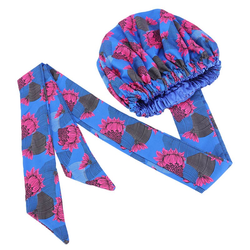 Gorros africanos para el pelo para mujer, gorro de satén con estampado, Cinta Larga de doble capa, con patrón, talla grande, 1 unidad, 38cm: Type 1