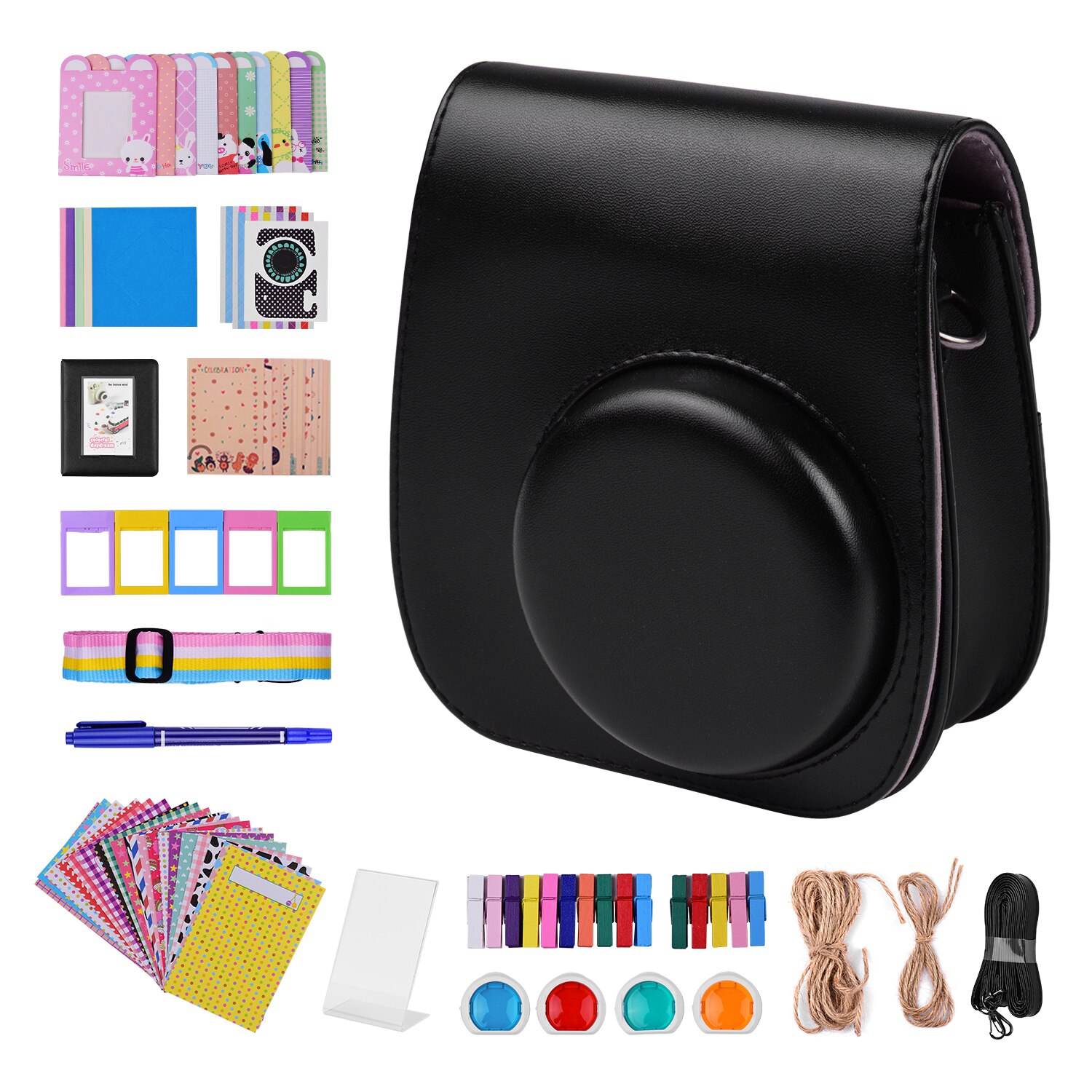 12-In-1 Instant Camera Accessoires Kit Voor Fujifilm Instax Mini 11 Camera Tas/Camera Strap/fotoalbum/Foto Clips/Fotolijst: Black