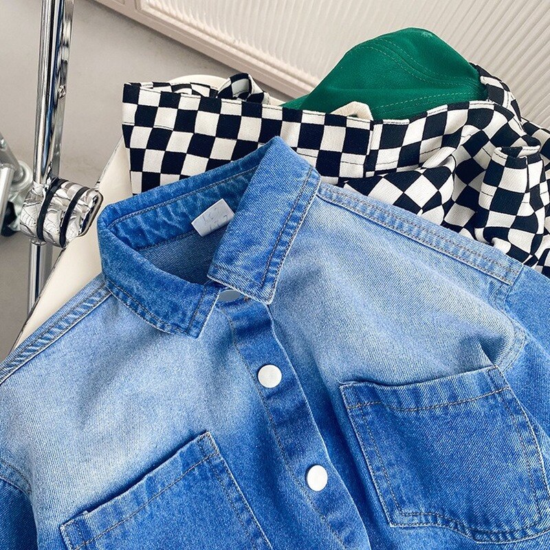 Spring boys casual denim jackets turn-down collar loose dipdye Unisex shirt 1-8Y