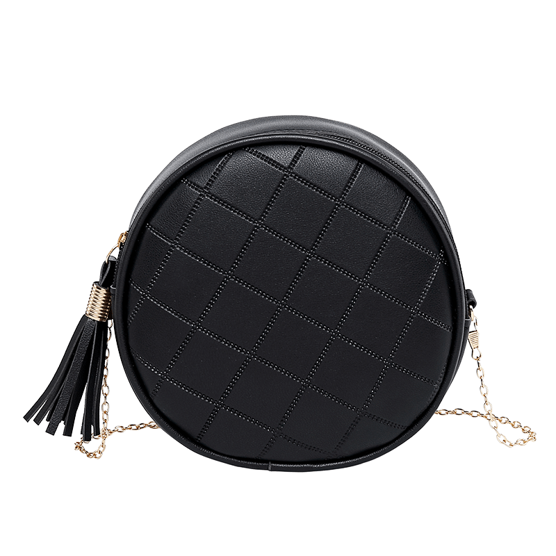 Women Round Bags Solid Color Plaid Shoulder Handbags Women Small Round Tassel Crossbody Bags for Women Purses Clutches: Black