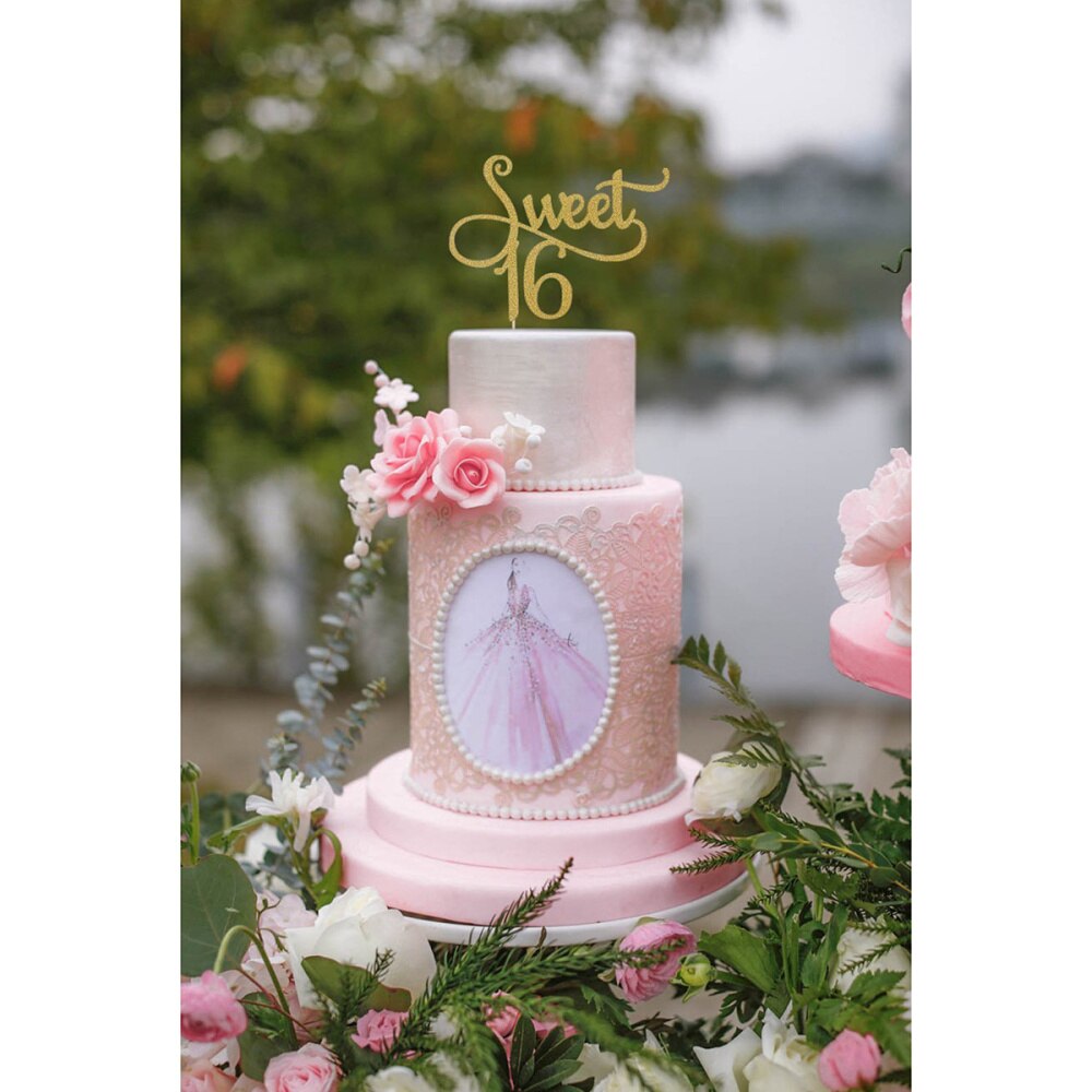 2pcs Gold Monogram Sweet 16 Cake Topper 16th Birthday Anniversary Cake Topper for Sweet 16 Party Themes Decoration Supplies (Gol