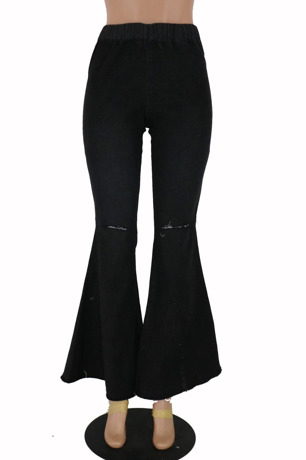 Women Hollow Hole Denim Flare Jeans Boyfriend Jeans Ladies High Waist bell bottom jeans Pants Autumn Loose Wide Leg Jean: Black / M