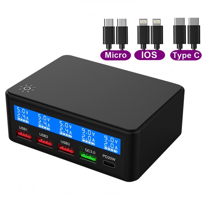 Universal 65W Multi 4 Port USB Fast Charger Portatil Quick Charge QC3.0 PD 20W Lcd Display Charging Station for Phone Tablet: green / DE