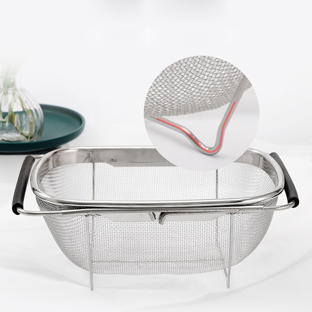 Retractable Drain Basket Rubber Grip Handle Stainless Steel Oval Colander Sink Vegetable Draining Rack Drain Wash Sink Strainer