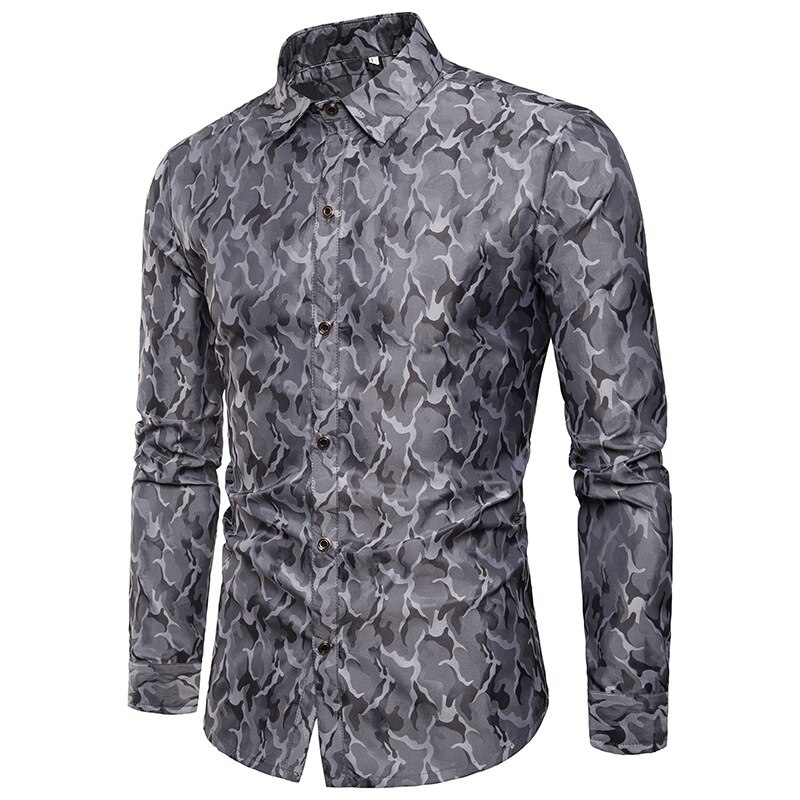 Silke satin skjorte herre mærke glat smoking skjorte skinnende camouflage print brudekjole skjorter afslappet slim fit lilla skjorte: Grå / Xxxl