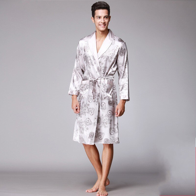 Heren zijden zomer en herfst satijnen kimono badjas gouden draak knielengte lange mouw zwarte badjas kamerjas nachtkleding: Wit / Ik