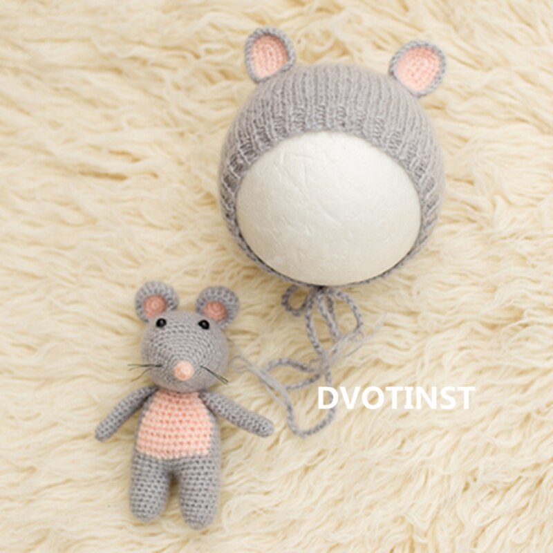 Dvotinst nyfödd baby fotografering rekvisita söt mus set hatt motorhuv docka 2 st set fotografia tillbehör studio fotograferingar foto rekvisita: Ljusgrått / 3-4 månader