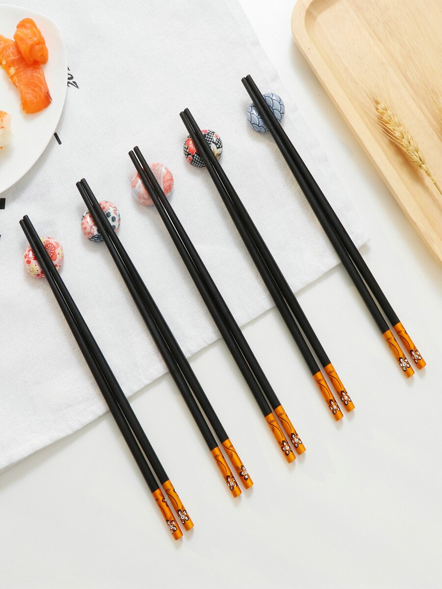 5 par japońskie pałeczki zestaw z pudełkiem zmywarka bezpieczne wielokrotnego użytku chińskie koreańskie pałeczki ze stopu z włókna szklanego robić żywności Sushi: Floral złoto