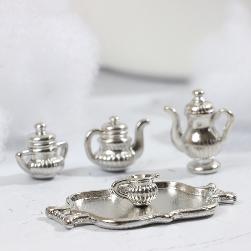 5pcs/Set Dollhouse Miniature Silver Metal Kitchen Coffee Tea Set Pot Flagon Plate Doll House Decor Accessories Ornaments