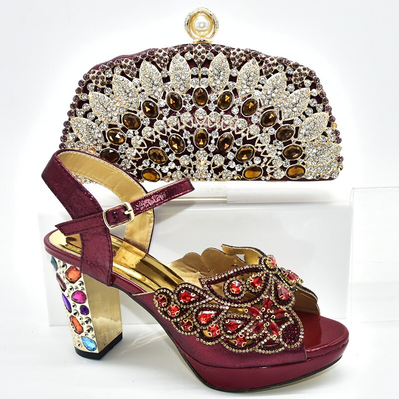 Ladies Italian Shoes and Bag Set Decorated with Rhinestone Women Shoes High Heel Italian Shoes and Bags Matching Set: Wine Red / 6.5