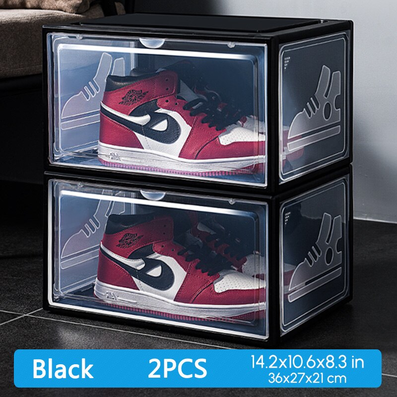 Dammtät aj sneakers förvaringslåda, härdad skolåda av plast, stapelbart skåp, höga skoorganisatörer, ställ , 2 st: Svart