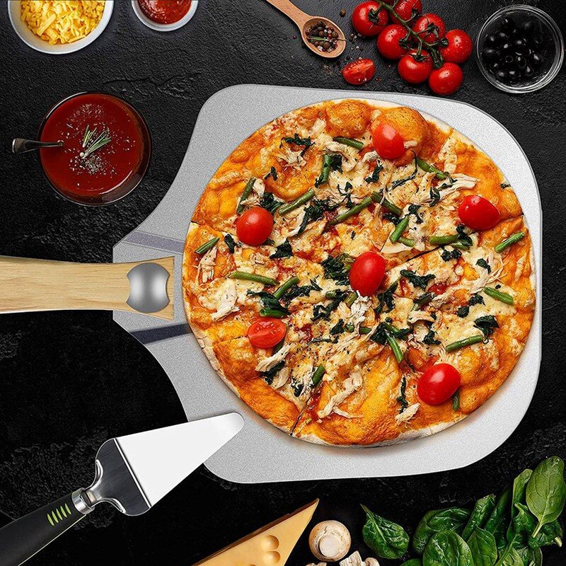 Pizza Peel Tools Set Pizza Cutter And Paddle Aluminum Pie Paddle With Foldable Wooden Handle For Baking Pizza And Bread