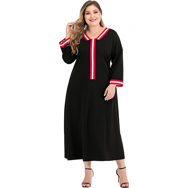 Plus size kvinder sommer afslappet kjole langærmet kvindelig patchwork v-hals solid sort maxi lange kjoler dame tunika kjole: 4xl