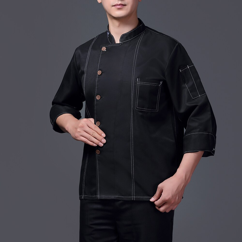 unisex uniforme de cocina para chef panadería servicio de comida chef de manga corta transpirable camisa doble-breasted chaqueta de chef ropa: Black chef suit / XL