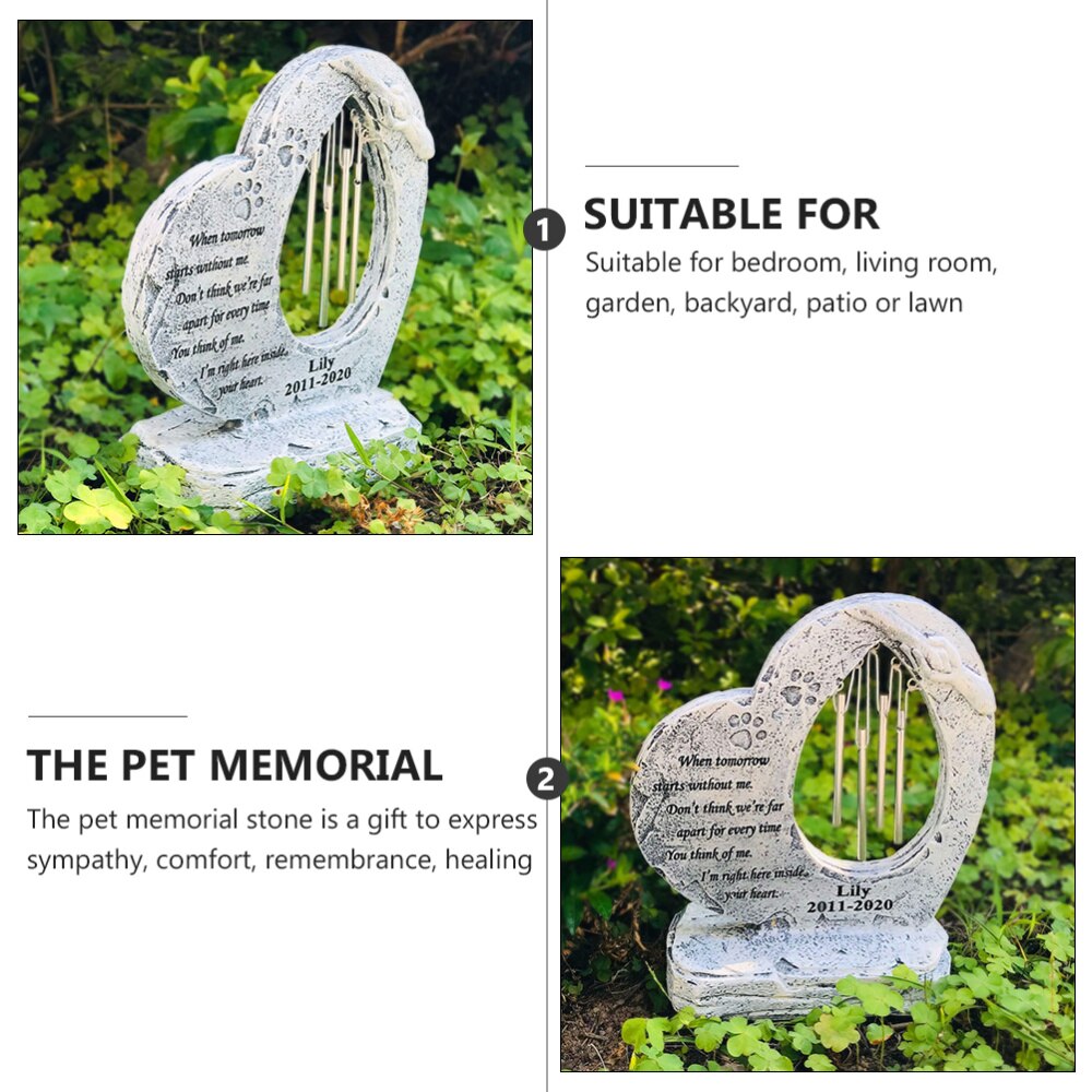 Inomhus utomhus trädgård grav gravsten husdjur sten minnesmärke med vindspel