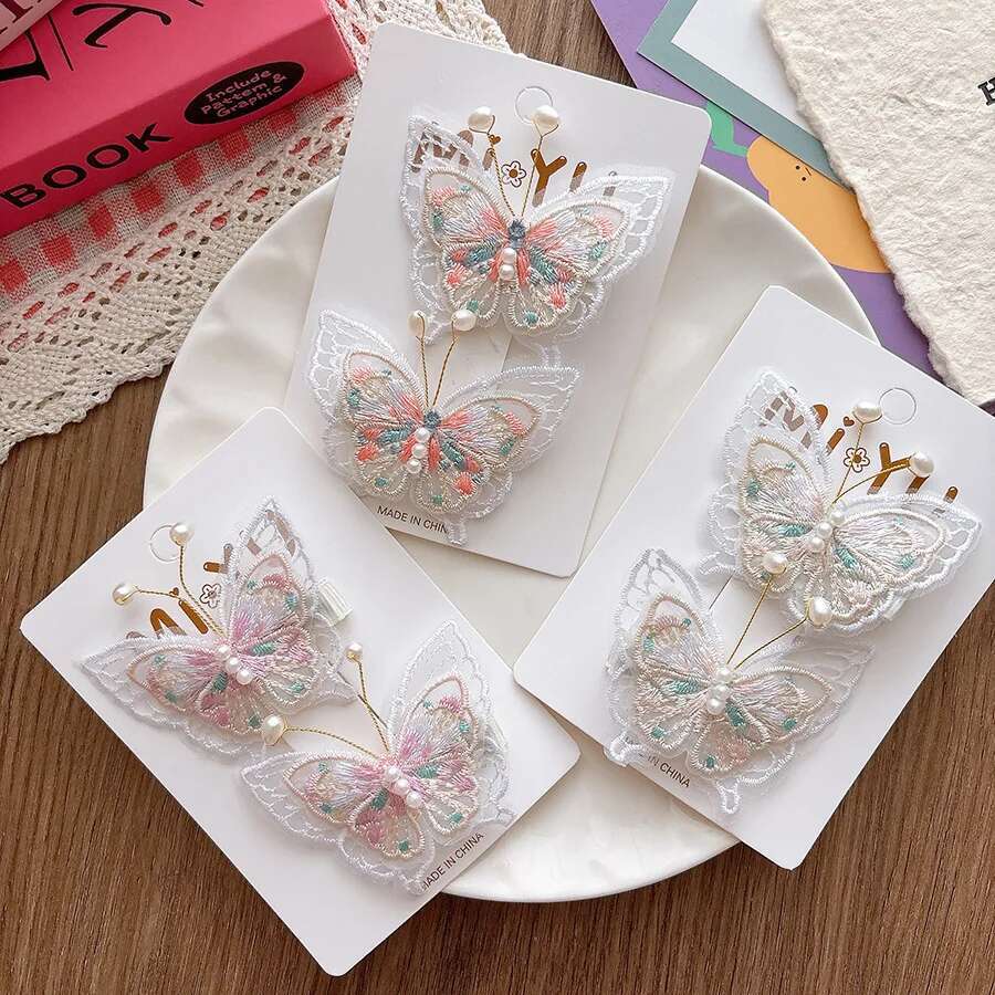 2 piezas de horquillas con forma de mariposa y perlas bordadas para niños, pinzas para el pelo, pasadores, accesorios para el cabello