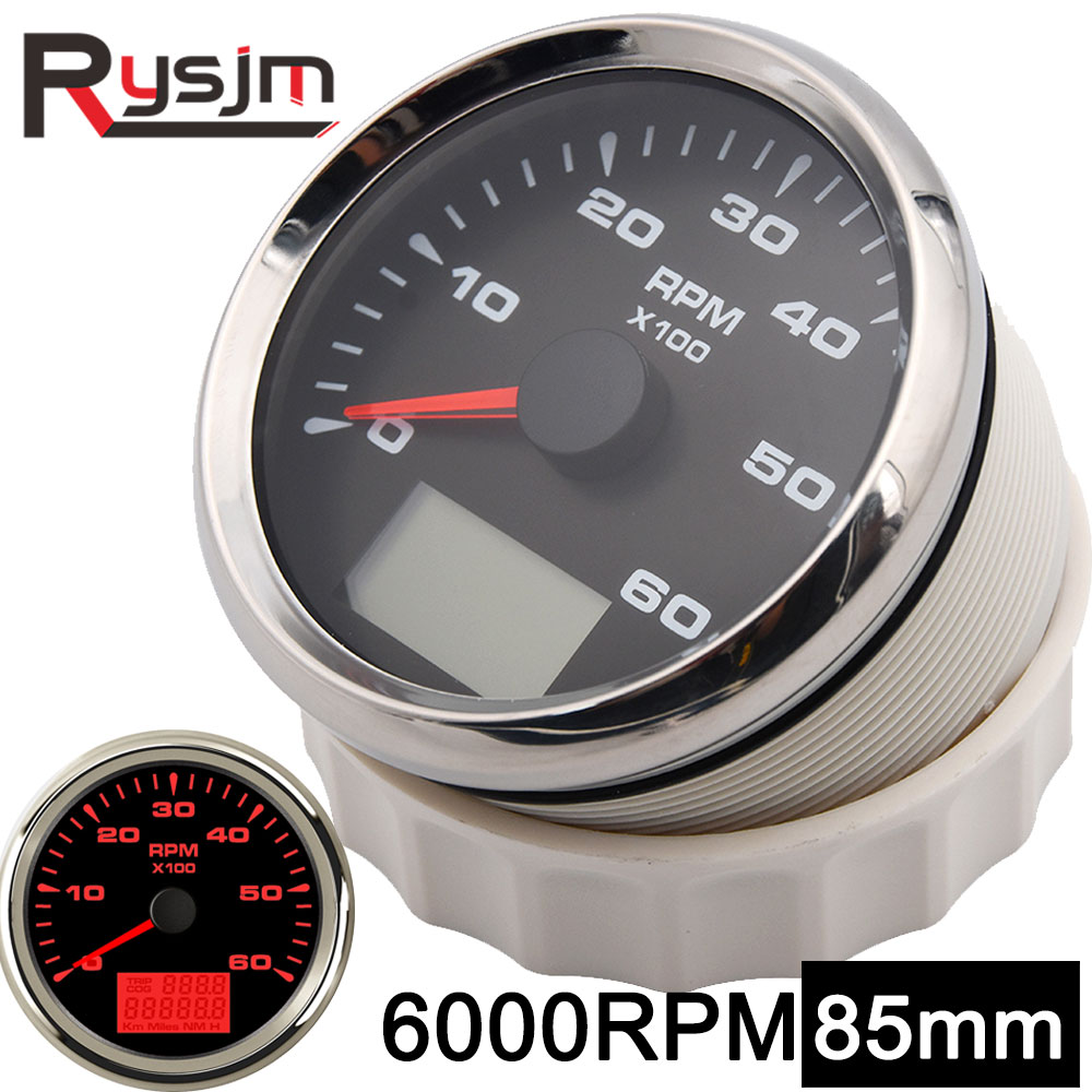 85mm Boat Tachometer with LCD Hourmeter 6000 RPM Tachometer for Diesel Gasoline Engine Marine Car Tacho Meter 7 Color Backlight