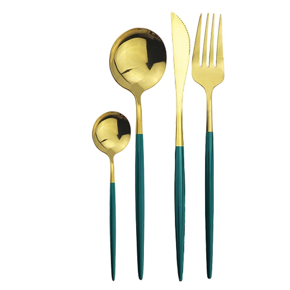 4 pièces/ensemble de couverts en or noir ensemble d'argenterie en acier inoxydable couteau fourchette cuillère ensemble de dîner Rose vaisselle couverts directe: 4Pcs Green Gold