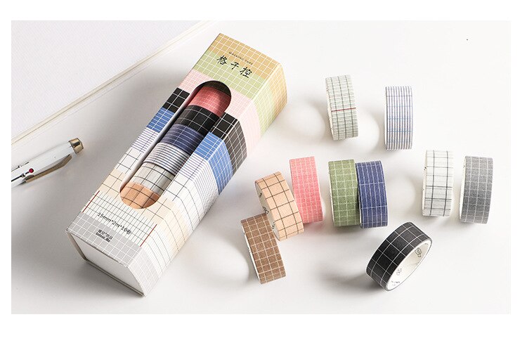 10 Uds conjunto de cintas adhesivas Vintage 15mm decoración cuadrícula a cuadros Morandi cintas washi de colores herramienta de scrapbooking papelería A6196: Grid plaid set