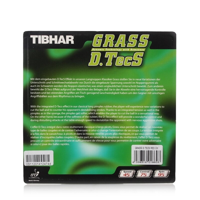 TIBHAR GRASS D.TECS OX sin esponja pips-tenis de mesa de ping pong de goma, de larga defensa