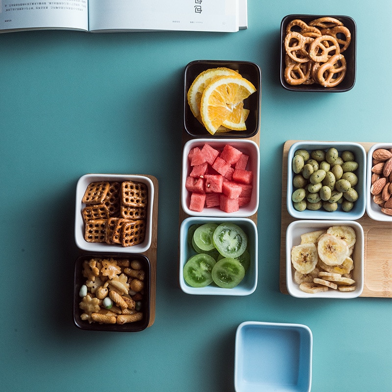 Firkantet keramik frugtfad keramisk fad salat tallerken porcelæn snacks slik nøddesesserter øko naturlig serverings bambus bakke sæt
