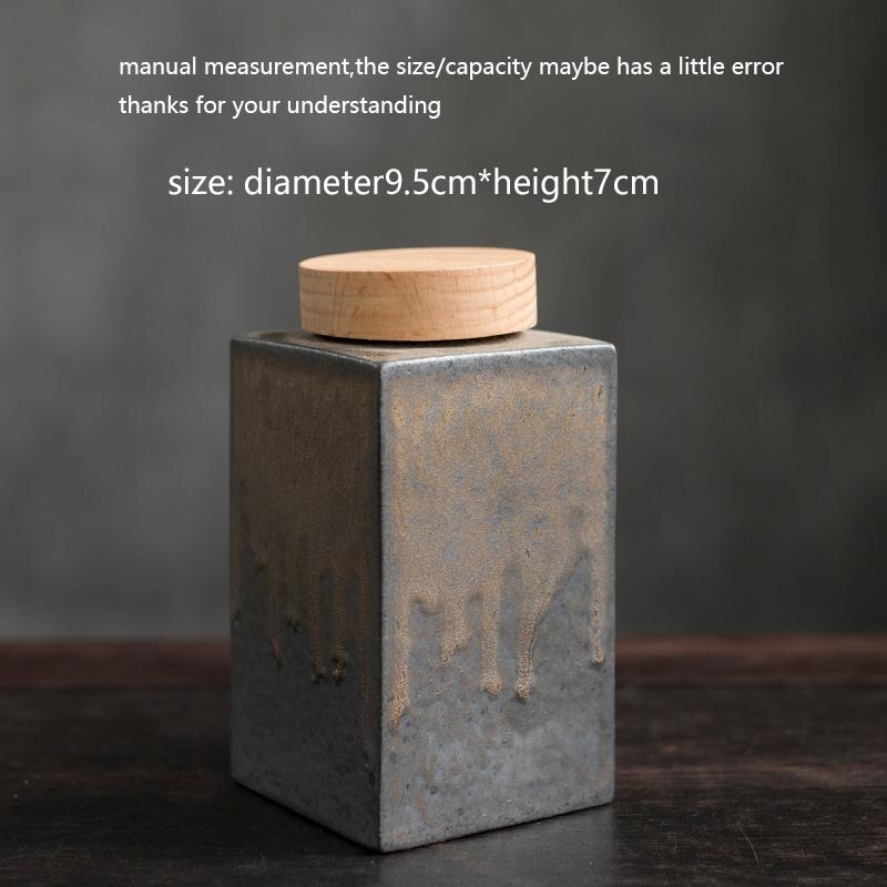 Tea Storage Jar Ceramic Coarse Pottery Geometric Seal Caddy with Wood Cover Container Tea Ceremony Teaware Accessories: C