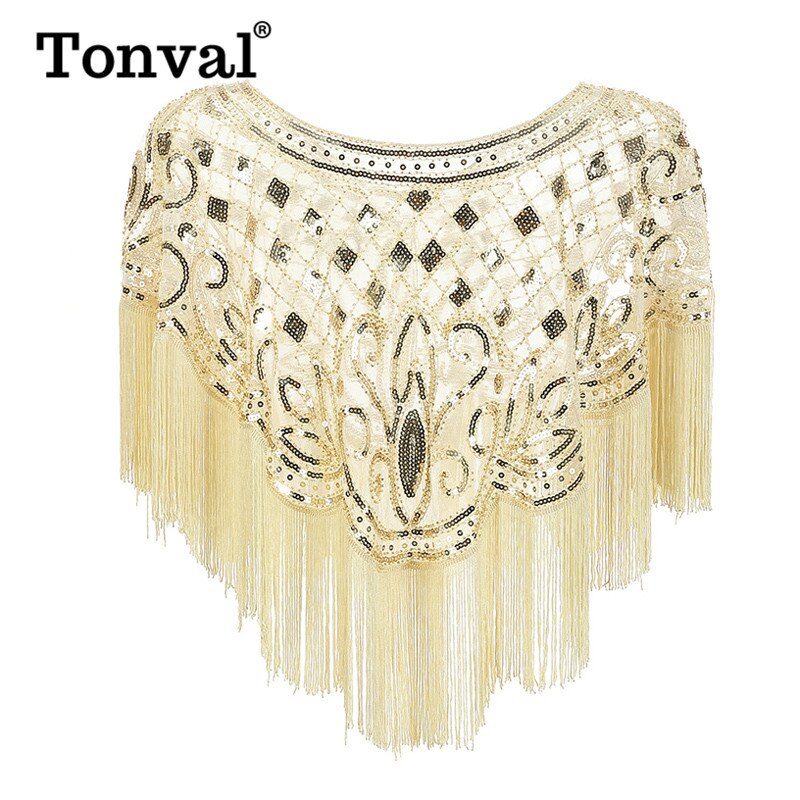 Tonval Vintage 1920s Scarves Pashmina Tassel Beaded Flapper Shawl Women Luxury Sequin Mesh Cape Cover Up Shawls and Wraps