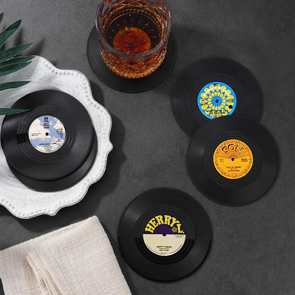 Juego de 6 posavasos de vinilo para bebidas, posavasos de música con soporte para tocadiscos de vinilo, posavasos de disco de registro Retro, alfombrilla creativa para tazas