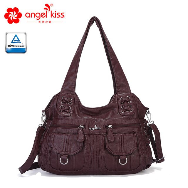 Angelkiss Gewassen Pu Vrouwen Handtas Dame Schoudertas Dubbele-Compartiment En Multi-Pocket Ruim Messenger Tote Met Lange band