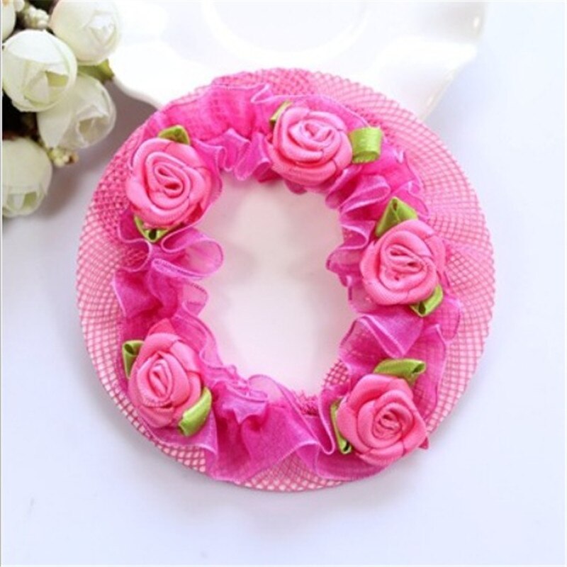 Cute Flower Girls Bun Hair Nets Mesh Cap Adjustable Kids 5 Colors Ballet Dance Grade Examination Elastic Hair-net Maker Headband: Rose Red