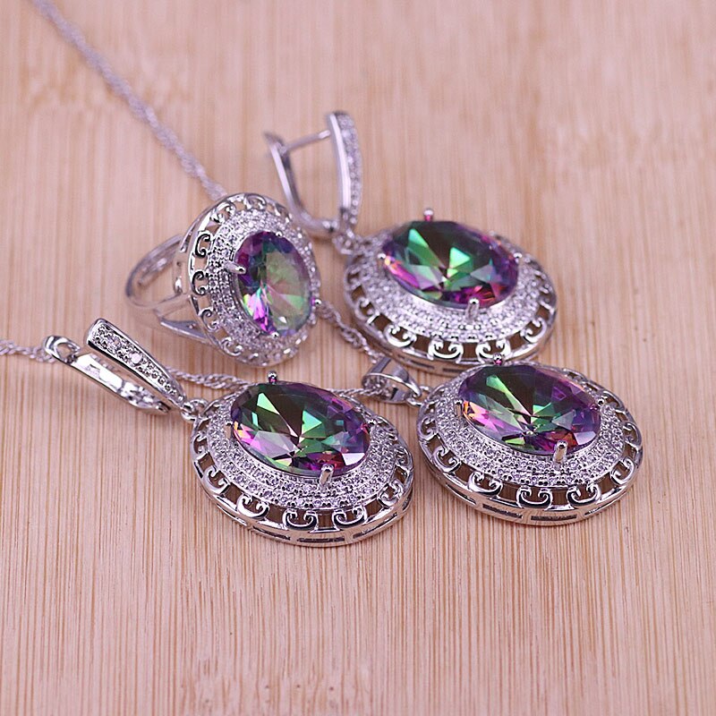 Big White Crystal &Zircon Silver Color Jewelry Earrings Ring With Necklace Set Middle East Style: multicolor