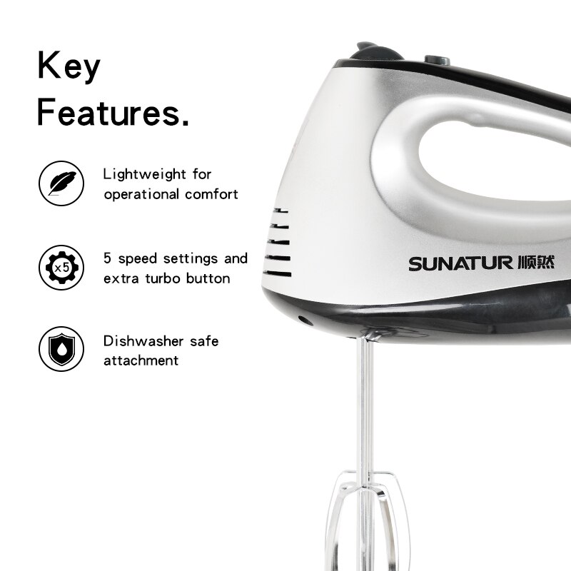 Sunatur 300W Food Mixer Electric Cuisine Kitchen Blender With Dough Hooks Chrome Egg Beater Hand Mixer Machine For Sweets Bakery