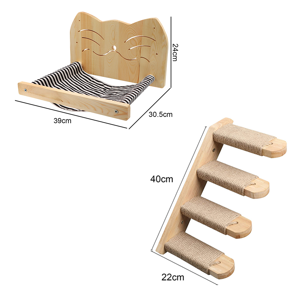 Wall Mounted Cat Tree Cat Climbing Wooden Shelves Climbing Hammock Set Scratching Post and Ladder for Cats Playing and Sleeping