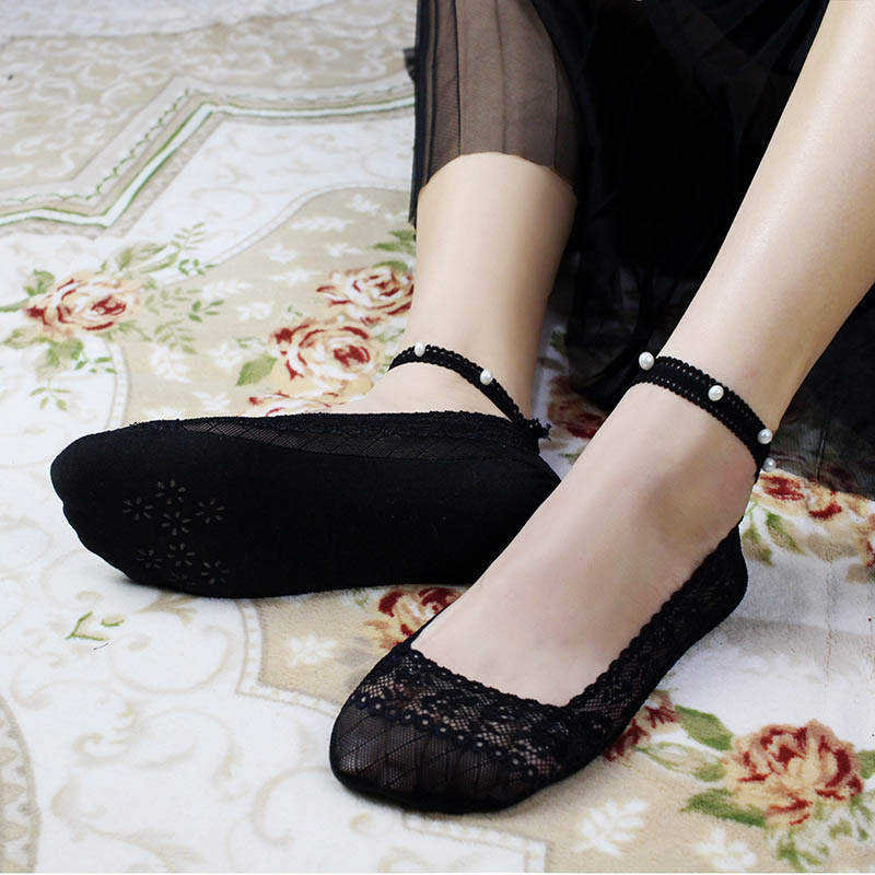 Calcetines cortos transpirables de encaje Floral para mujer, medias finas suaves de estilo coreano, con perlas, para primavera y verano, 1 par