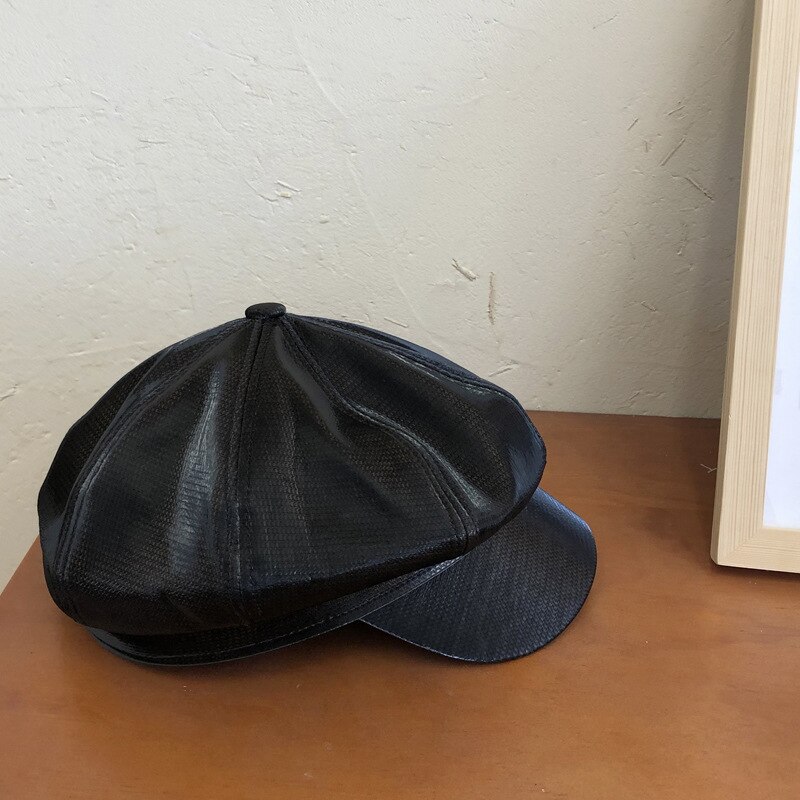 Leather Vintage Berets Painter Hat Autumn Winter Caps Male Female Casual Solid Color PU Leather Octagonal Cap: 0028 Black
