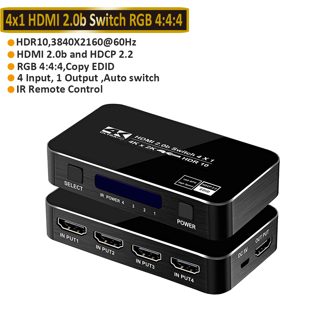 2022 Best 4K HDMI Switch 2.0 Support RGB 4:4:4 HDR HDMI Switch 4K 60Hz HDMI 2.0 Switch Remote IR UHD 4 Port HDMI Switch Switcher: ZY-HS14A / EU Power Plug