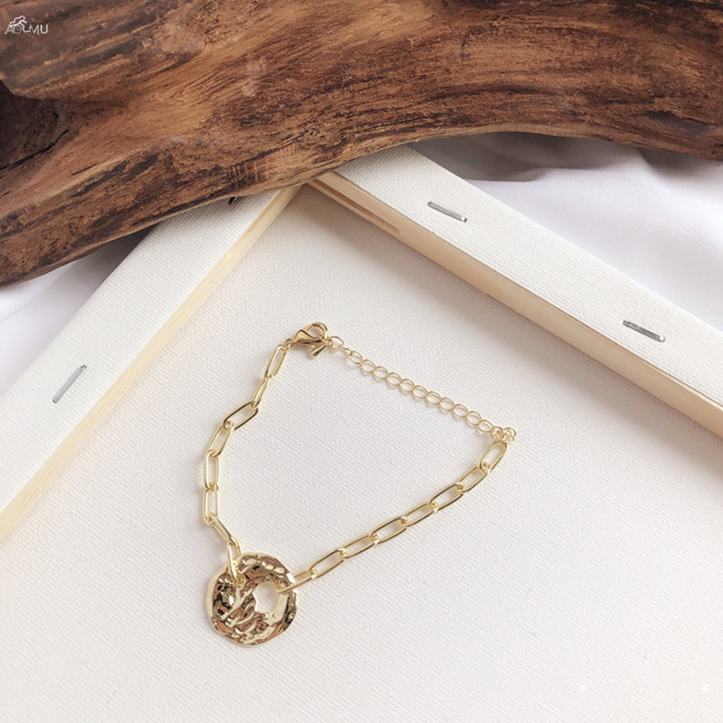 Aomu korea geometrische ronde munt portret hanger armband enkelband voor vrouwen metalen holle ronde ketting armband sieraden