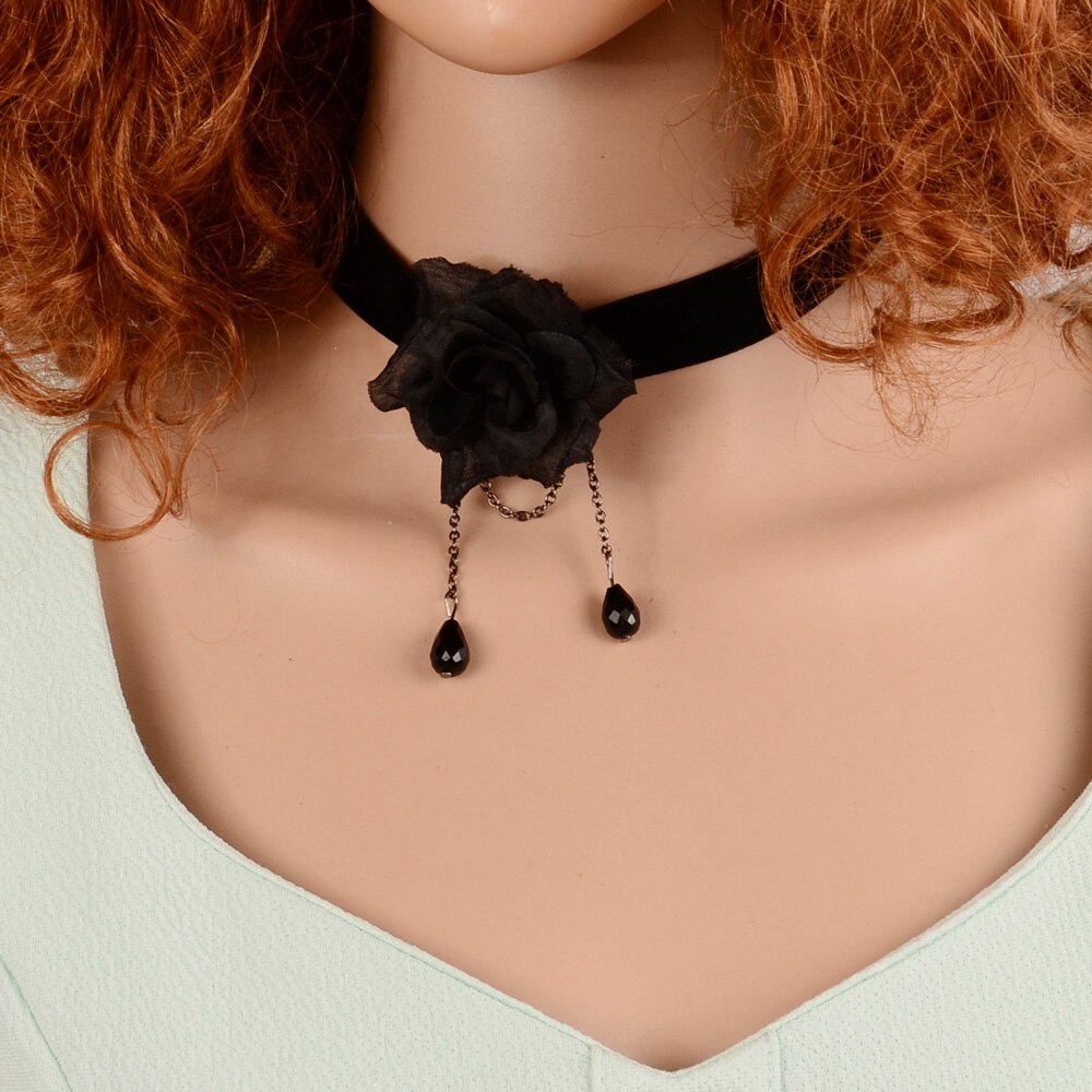 Classic Black Chain Vintage Gold Metal Bead Flower Pendant Gothic Lace Choker Necklace for Women Retro Statement Collar Jewelry: N3324