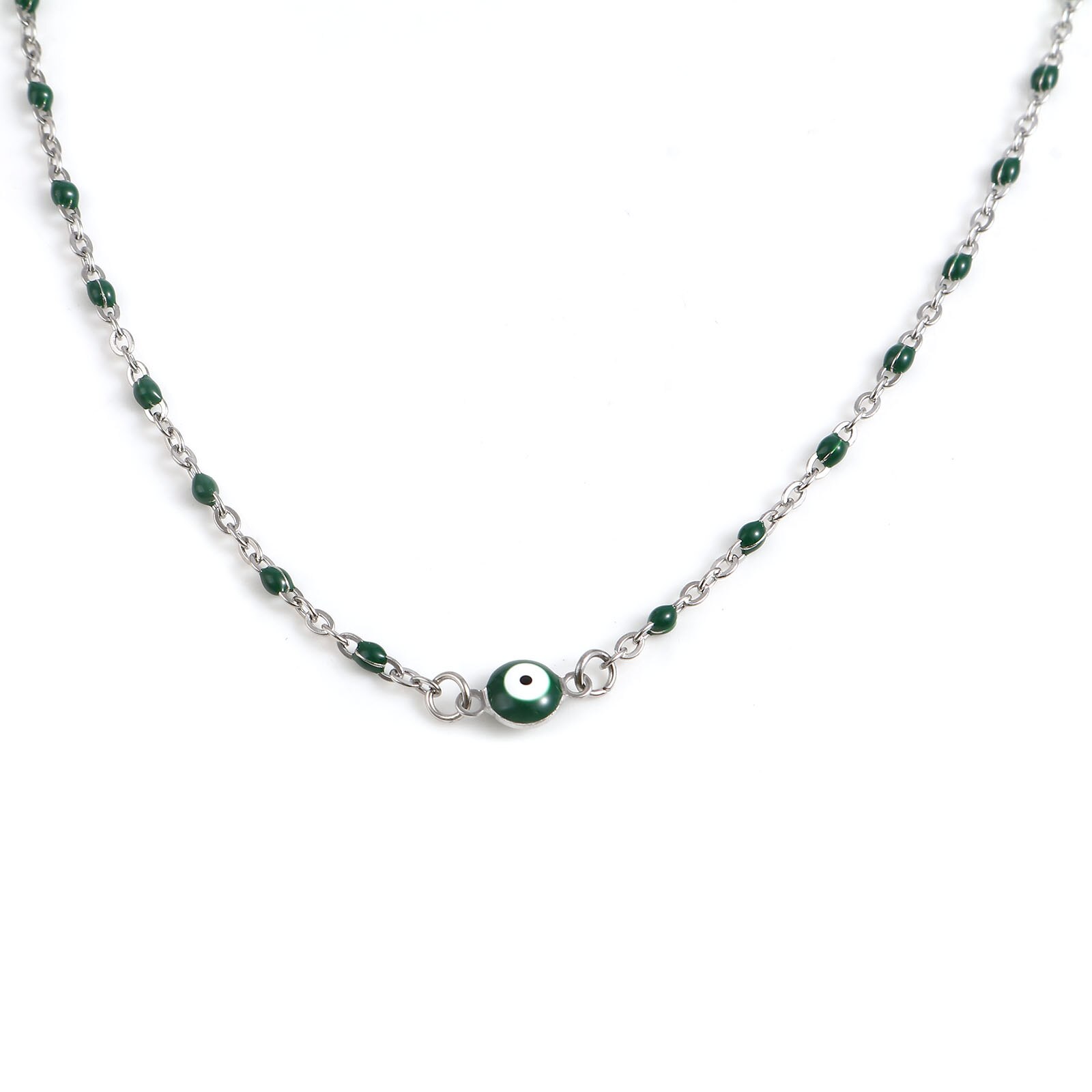 Religious Stainless Steel Link Cable Necklaces Enamel Round Evil Eye Connector Chains Necklace For Women Neck Jewelry Findings: 15