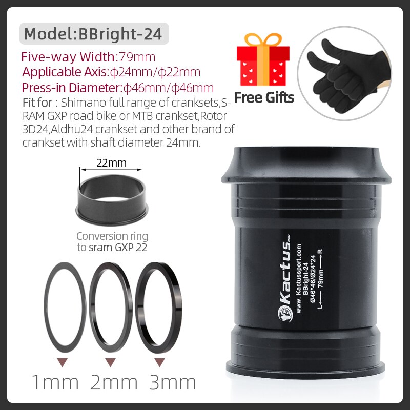 Kactus-soporte inferior de bicicleta de BBright-24, adaptador de rodamiento de cerámica para SRAM GXP Shimano, 24/22mm, cigüeñal, Pressfit, 46mm, para carretera y MTB: BBright-24 BLACK