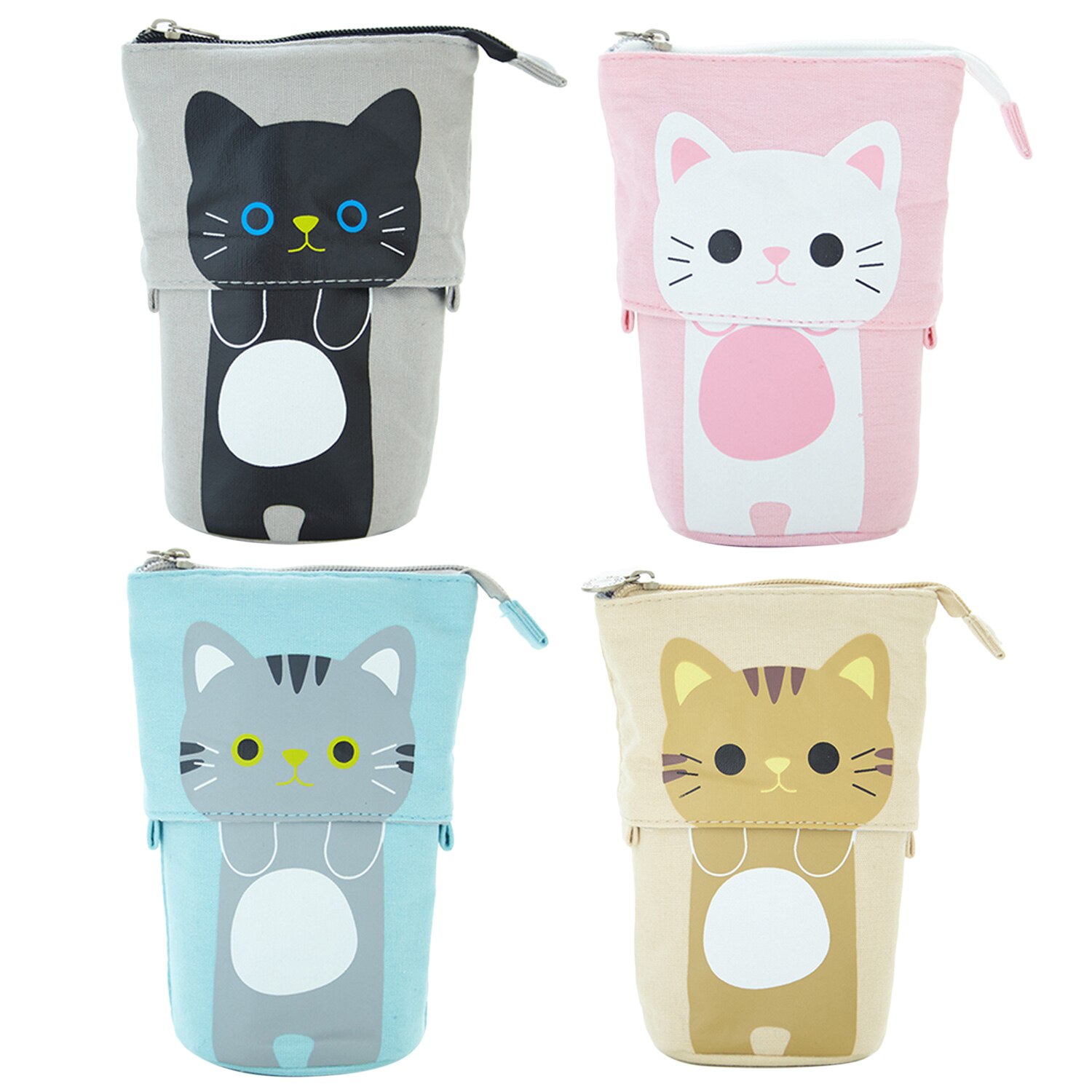 Cute Cartoon Cat Transformer Telescopic Canvas Stand Store Pencil Stationery Holder Pouch Bag Case with Zipper Closure
