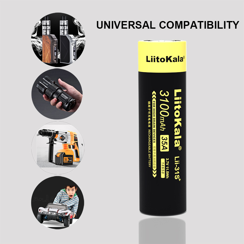 LiitoKala Lii-31S 18650 Bateria 3.7V Li-ion 3100mA 35A Bateria de alimentação para dispositivos de alto drenagem.