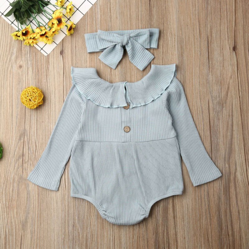 Vêtements pour bébés filles, vêtement de printemps et automne, combinaison à volants tricoté à manches longues, couleur unie, ensemble + bandeau,