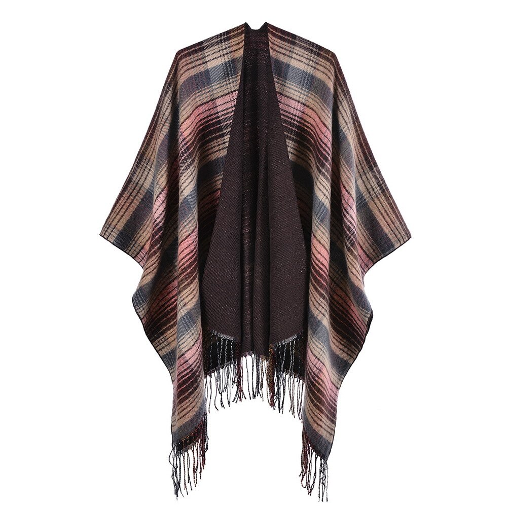 Scottish Classic Color Women Autumn Spring Plaid Shawl Cloak Imitation Cashmere Tassel Thick Warmth Split Shawl Stole Pashmina: 4