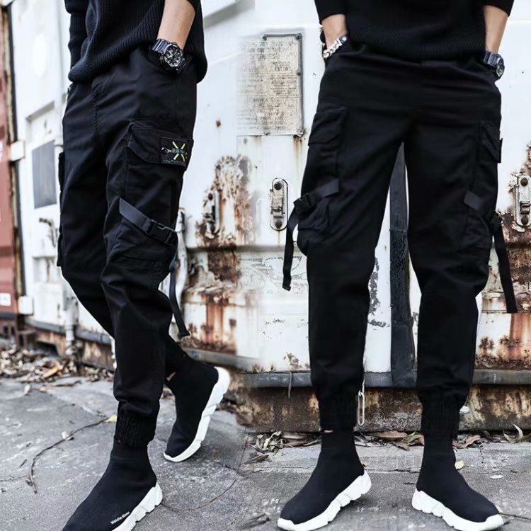 Pantalones informales con cintas para hombre, pantalón negro ajustado, para correr, con bolsillos laterales, de algodón, ropa para hombre, vaqueros, disfraces: M