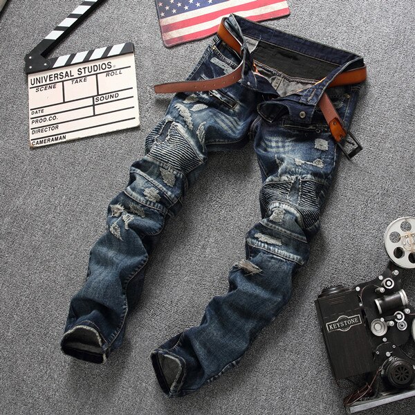 Biker mænds lynlås rippede jeans mænd slim fit lige moto punk mørke lange bukser herrer jeans plisserede huller blå bukser: 36