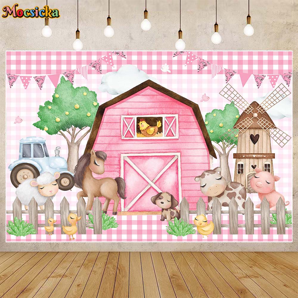 Mocsicka Pink Barn Farm sfondo per ragazza festa di compleanno Decor bambini carta da parati animali bambino sfondo tavolo Banner Studio puntelli